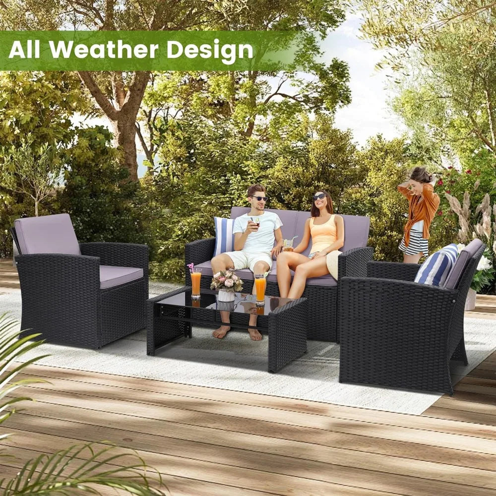 4 Piece Patio Conversation Set, with Sofa, 2 Chairs, and Coffee Table, for Porch, Deck, Outdoor Wicker Sectional Furniture