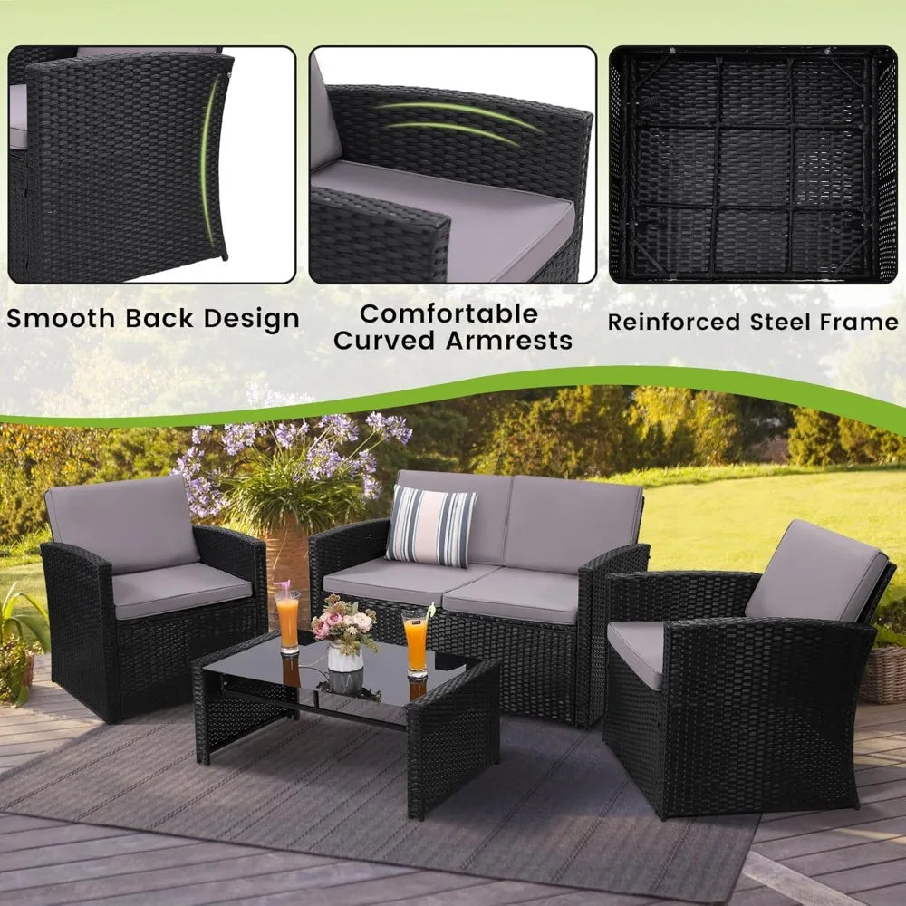 4 Piece Patio Conversation Set, with Sofa, 2 Chairs, and Coffee Table, for Porch, Deck, Outdoor Wicker Sectional Furniture