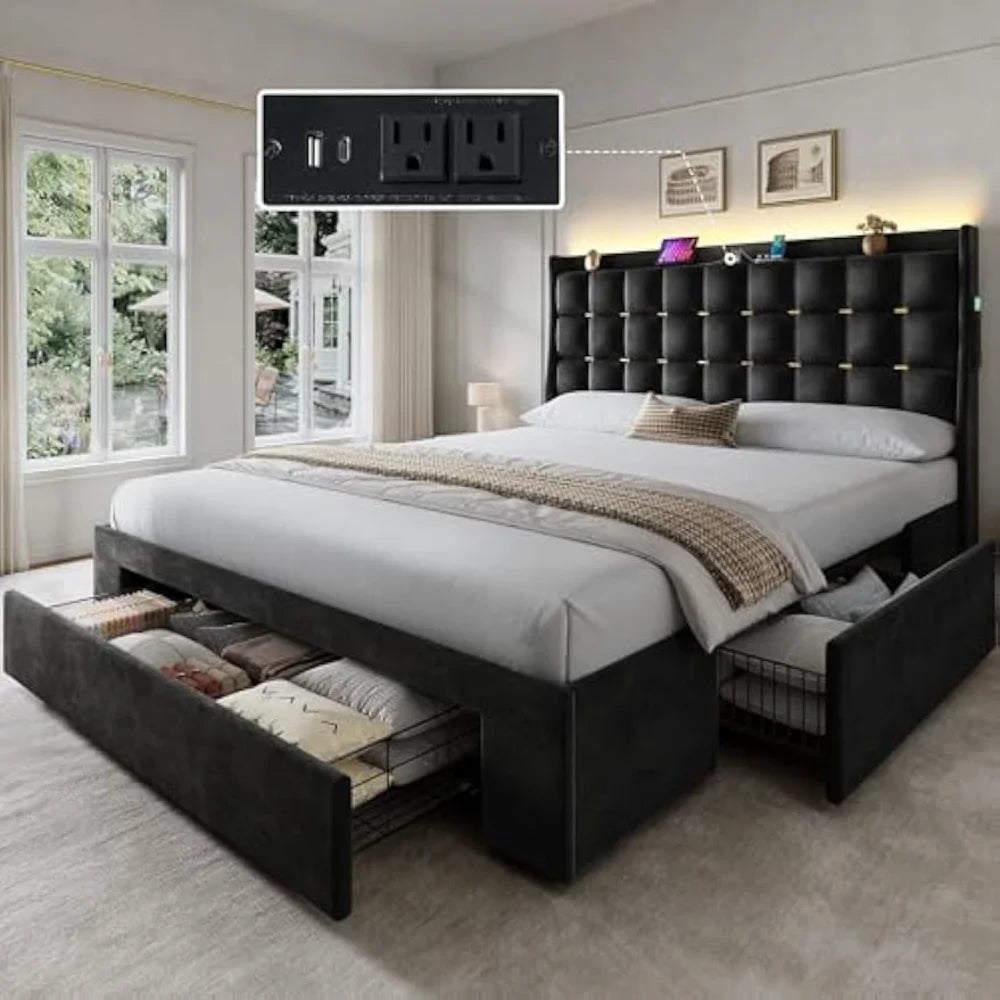 Queen Size Bed Frame with 3 Storage Drawers
