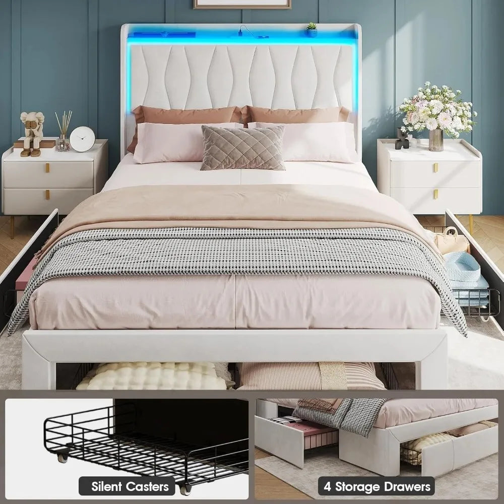 Queen Size Bed Frame with LED Light and 3 Drawers Storage& USB