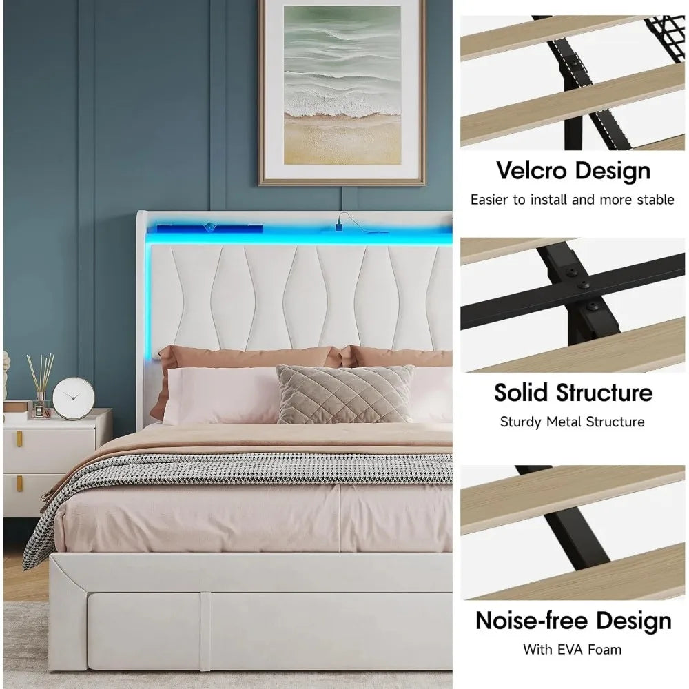 Queen Size Bed Frame with LED Light and 3 Drawers Storage& USB