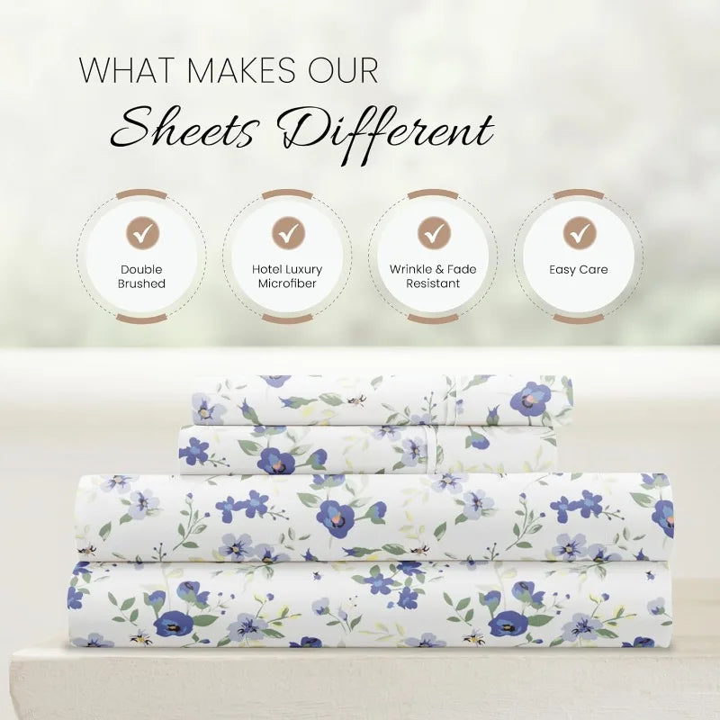 4 Piece Queen Sheet Set ,Light Blue Floral
