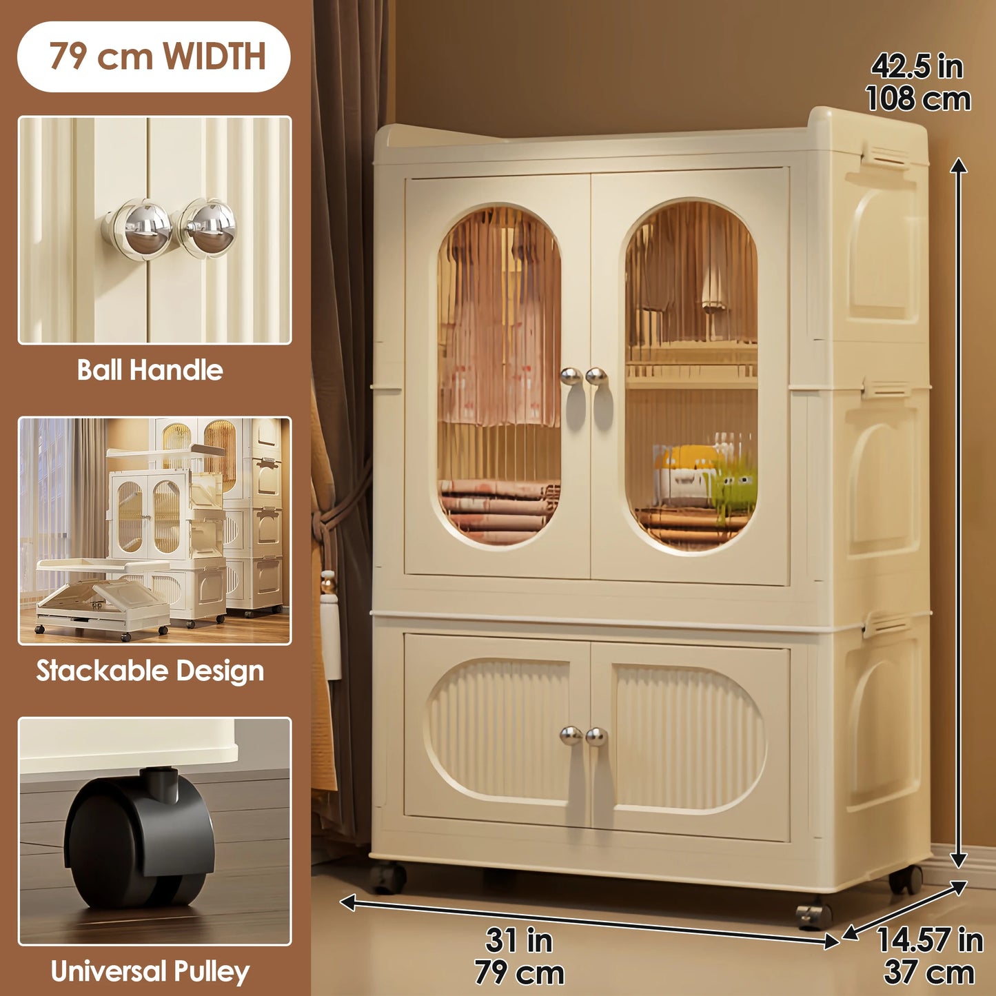 Multi-layer Foldable Kids Wardrobe Storage Cabinet with Magnetic Doors & Wheels Customizable Setup for Home Nursery Organization
