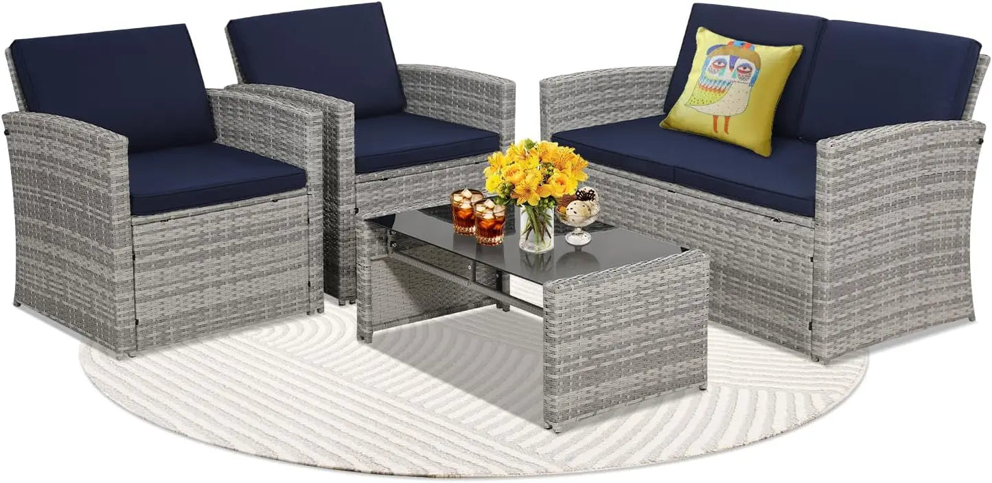 4 Piece Patio Conversation Set, with Sofa, 2 Chairs, and Coffee Table, for Porch, Deck, Outdoor Wicker Sectional Furniture