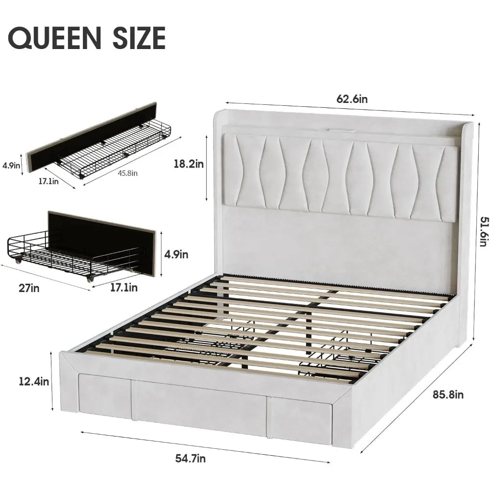 Queen Size Bed Frame with LED Light and 3 Drawers Storage& USB
