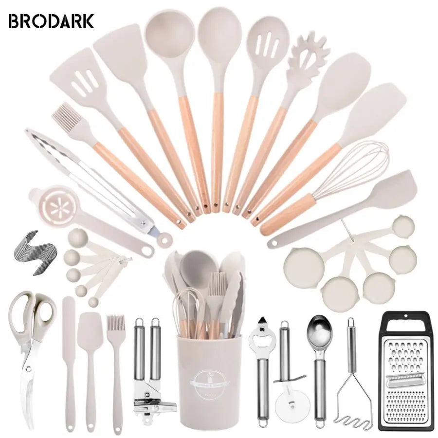 44pcs Silicone Kitchen Utensil Set With Wooden Handles
