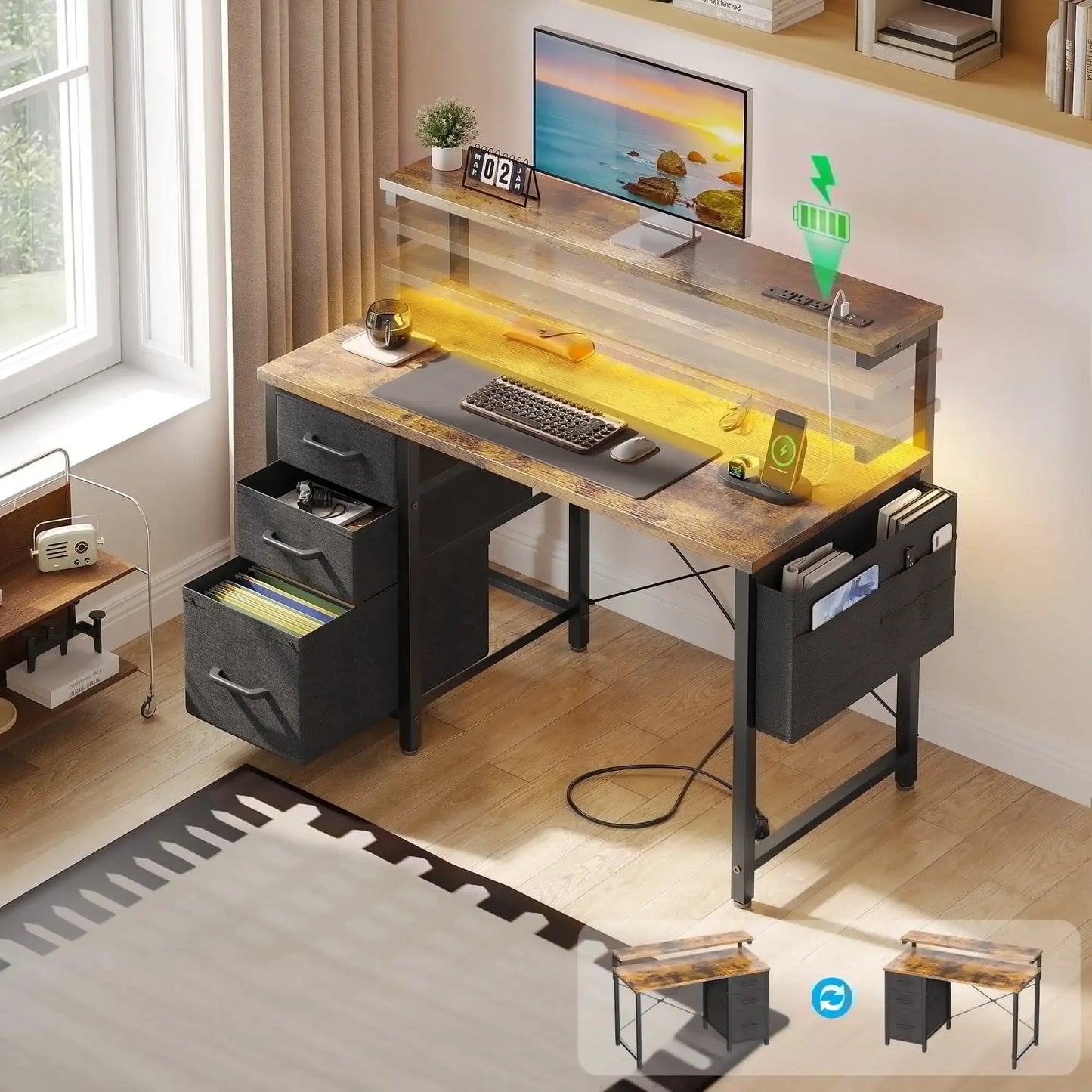 40 inch Computer Desk with Power Outlets & LED Lights