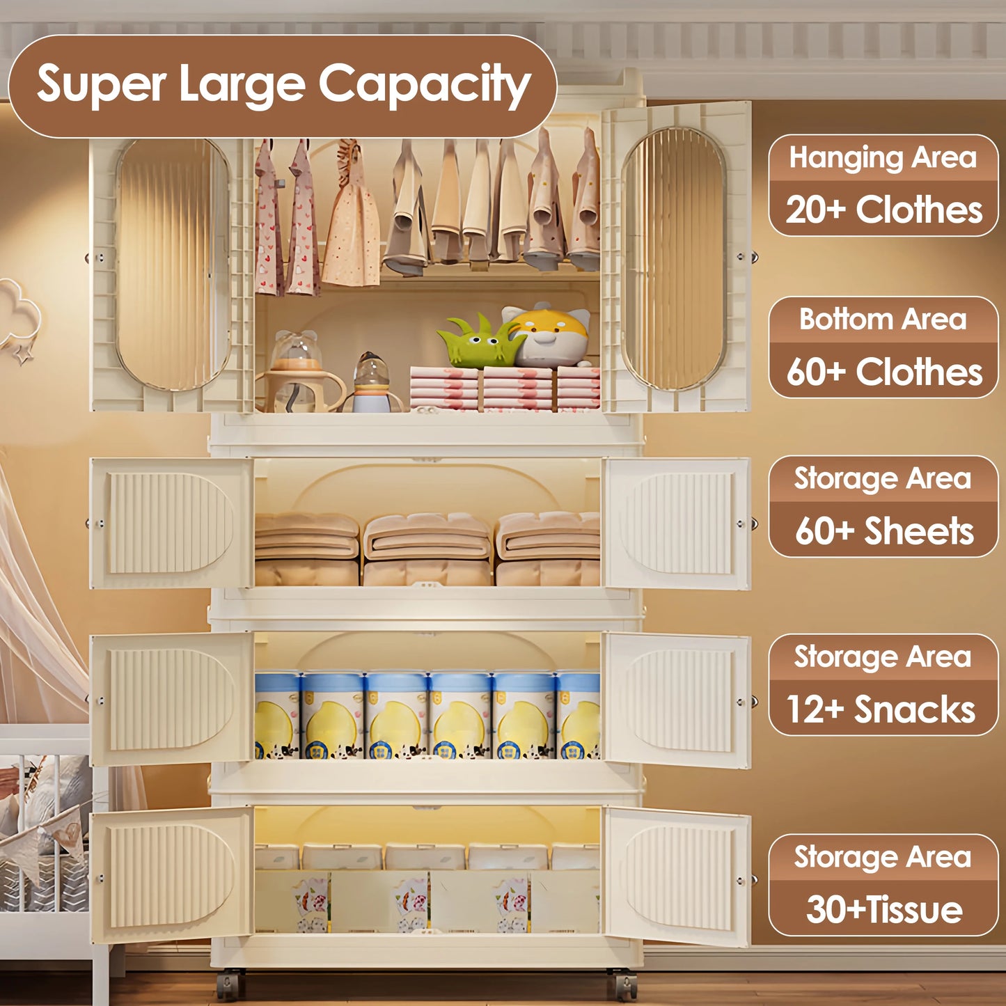 Multi-layer Foldable Kids Wardrobe Storage Cabinet with Magnetic Doors & Wheels Customizable Setup for Home Nursery Organization