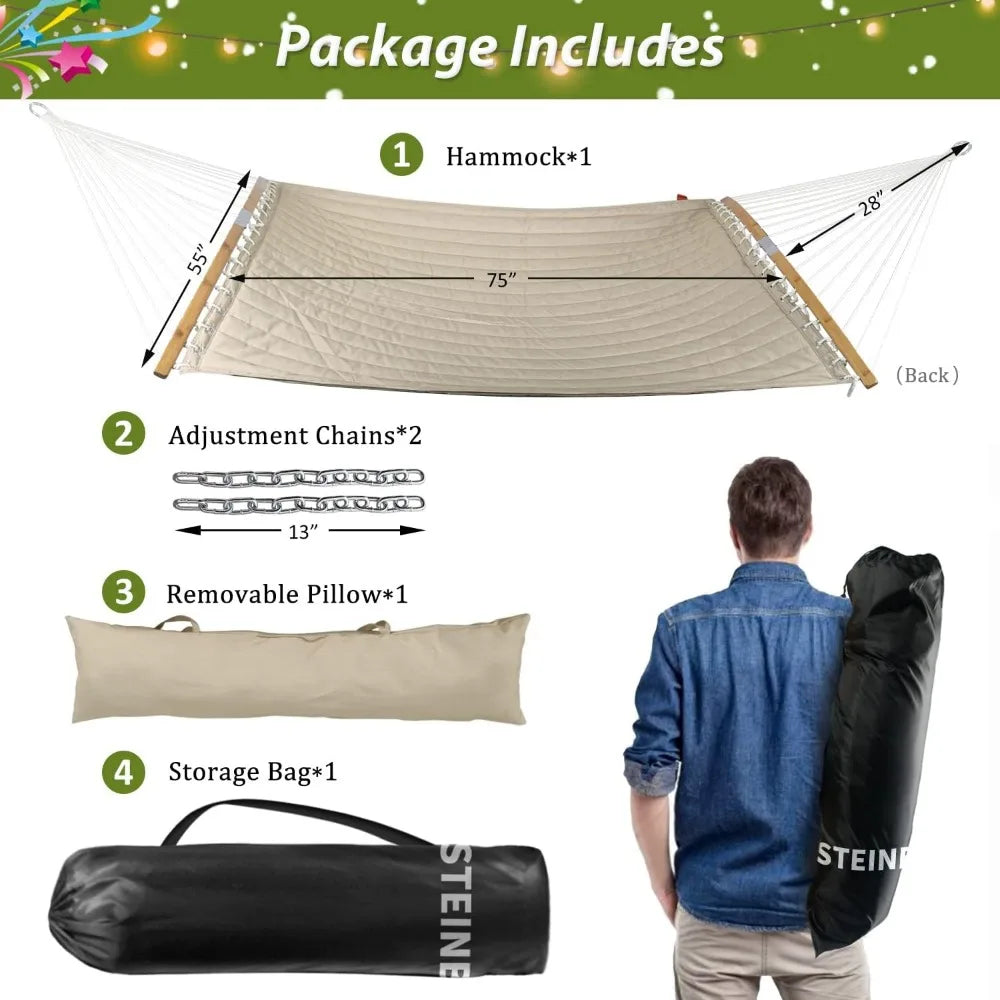 11 FT Quilted Fabric 2 Person Hammock for Outside with Pillow
