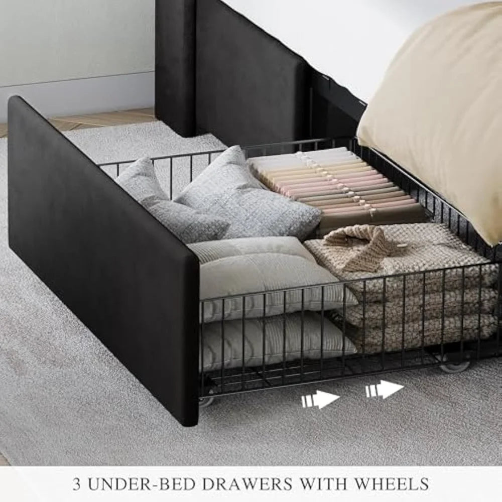 Queen Size Bed Frame with 3 Storage Drawers