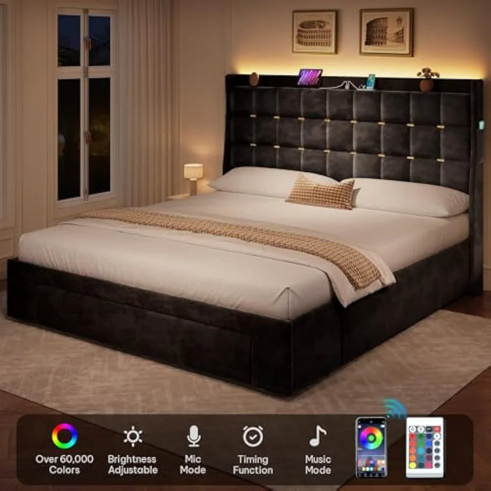 Queen Size Bed Frame with 3 Storage Drawers