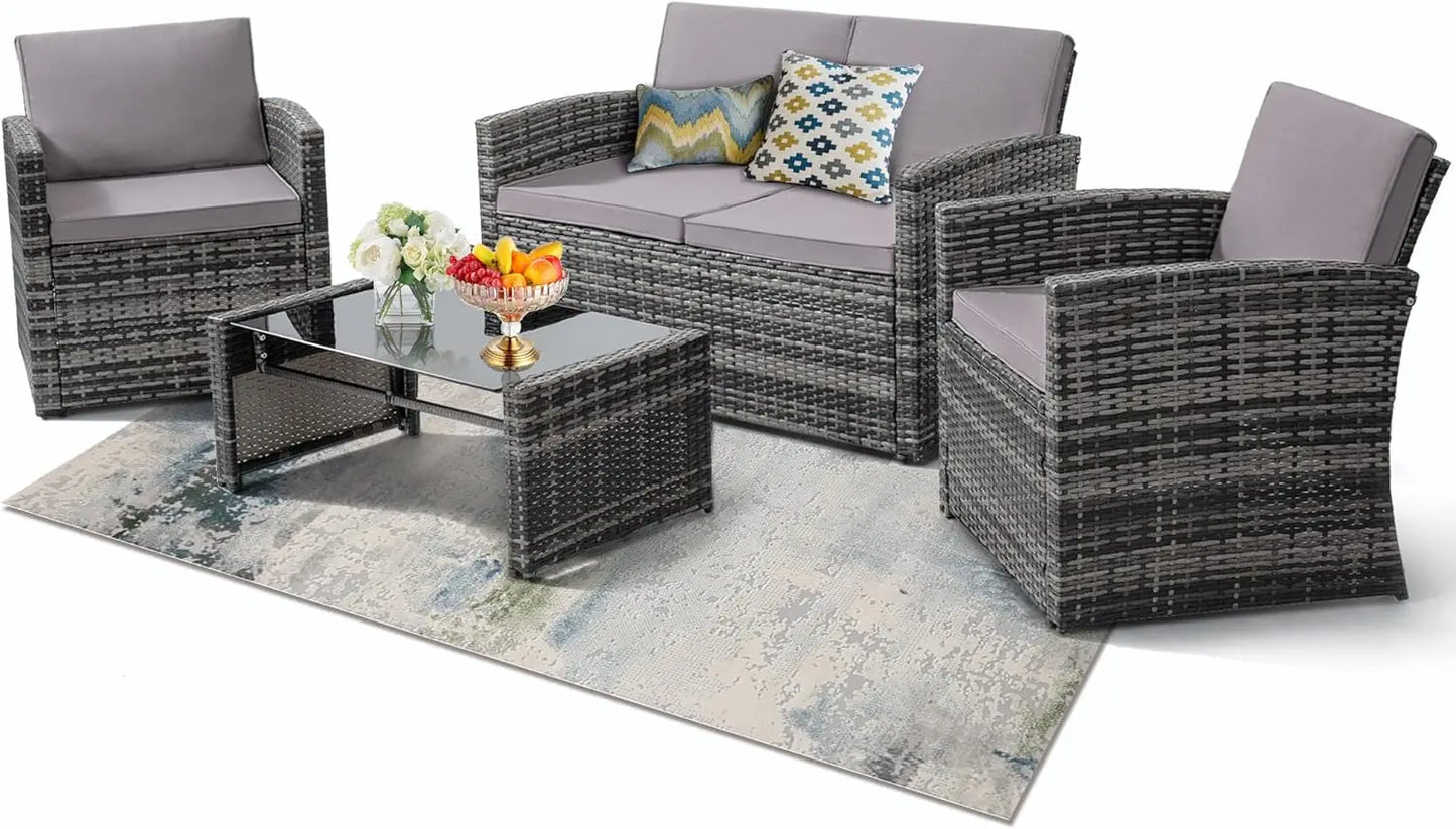 4 Piece Patio Conversation Set, with Sofa, 2 Chairs, and Coffee Table, for Porch, Deck, Outdoor Wicker Sectional Furniture
