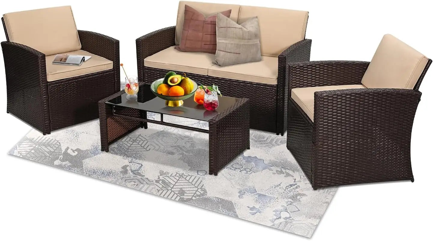 4 Piece Patio Conversation Set, with Sofa, 2 Chairs, and Coffee Table, for Porch, Deck, Outdoor Wicker Sectional Furniture