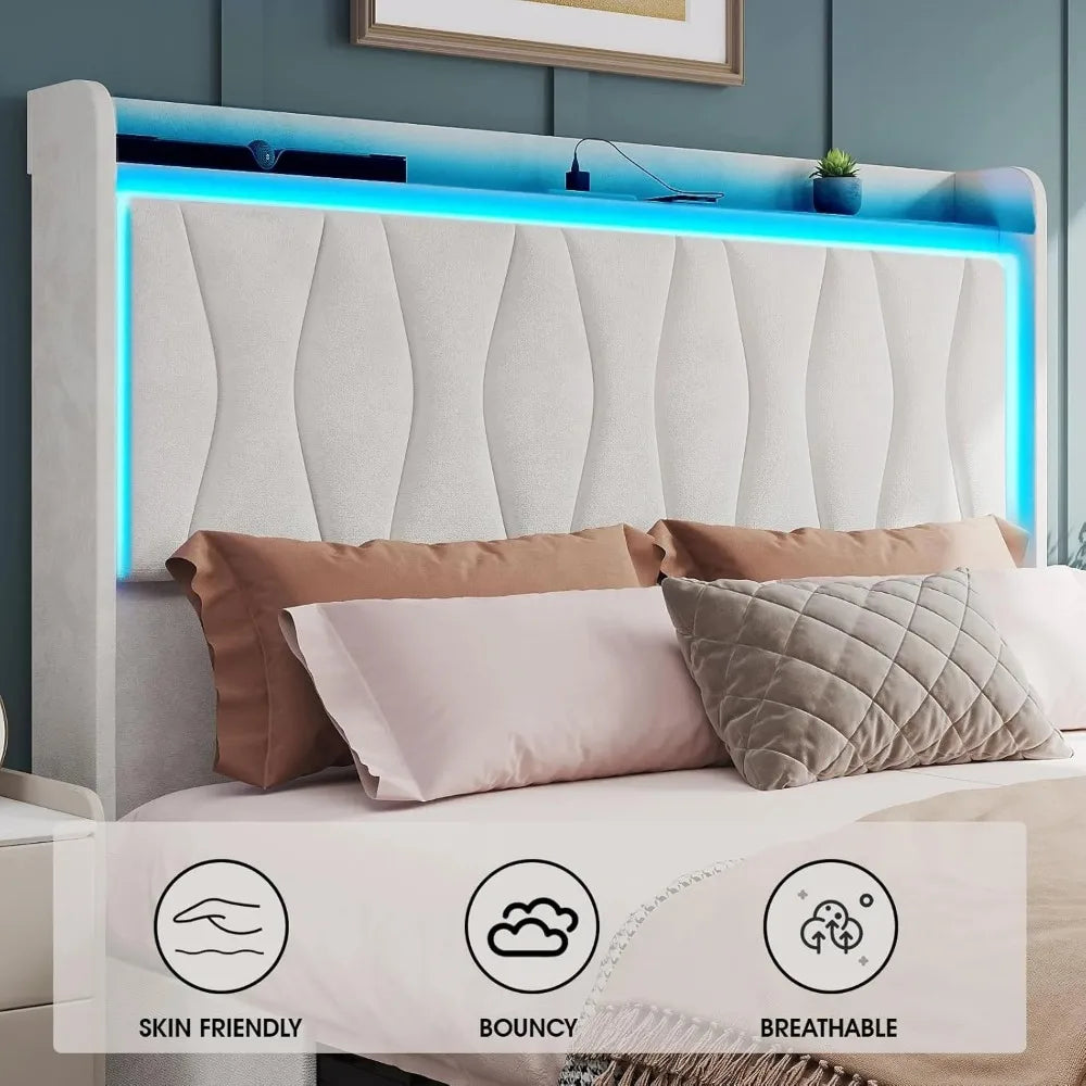 Queen Size Bed Frame with LED Light and 3 Drawers Storage& USB