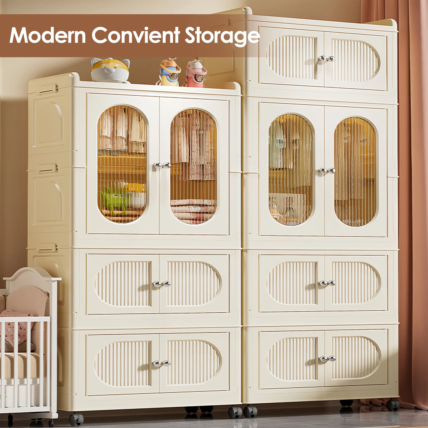 Multi-layer Foldable Kids Wardrobe Storage Cabinet with Magnetic Doors & Wheels Customizable Setup for Home Nursery Organization