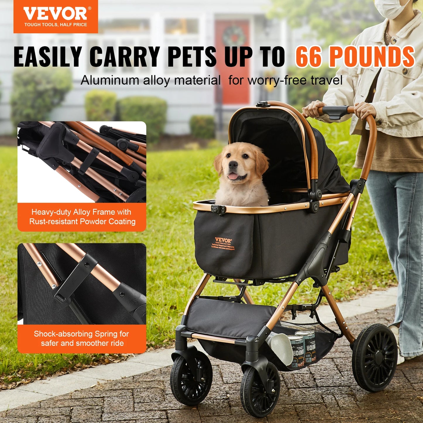 66lbsPet Foldable Pet Stroller W/ Detachable Basket