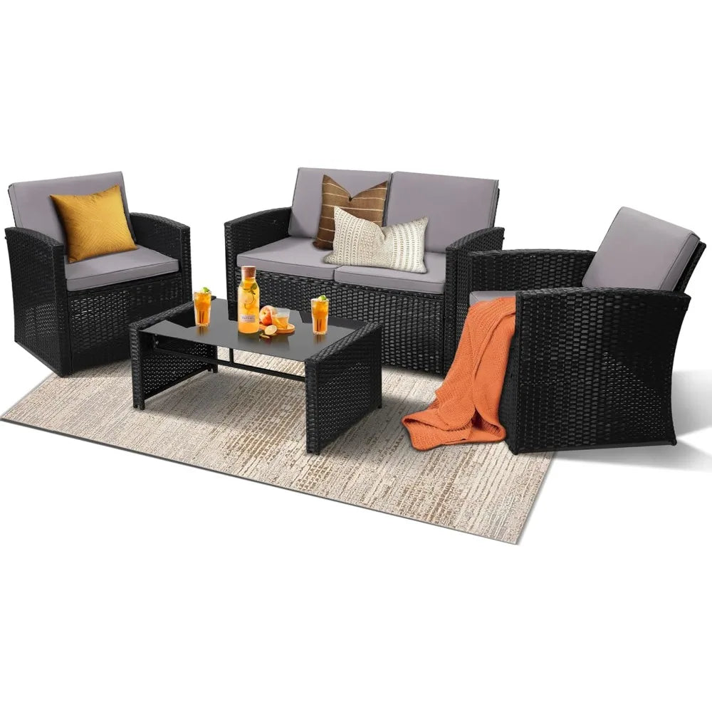 4 Piece Patio Conversation Set, with Sofa, 2 Chairs, and Coffee Table, for Porch, Deck, Outdoor Wicker Sectional Furniture