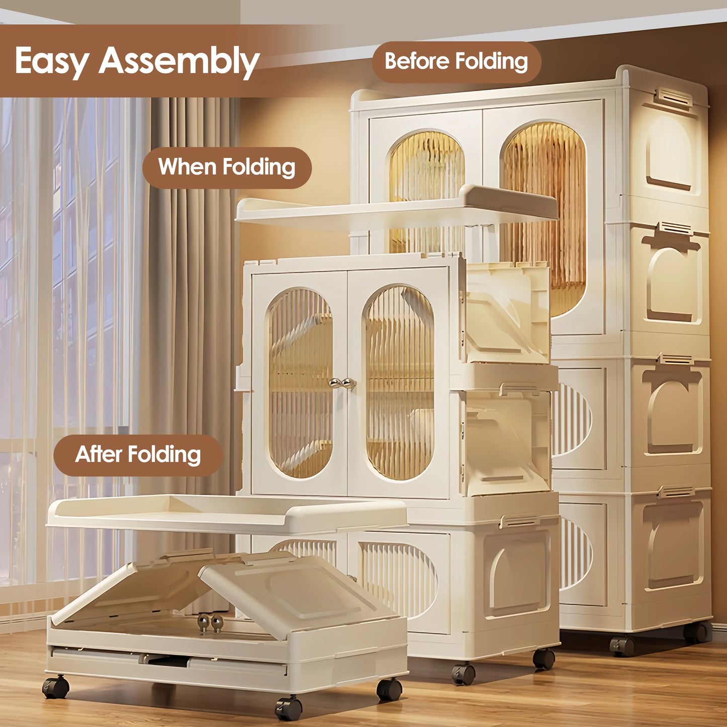 Multi-layer Foldable Kids Wardrobe Storage Cabinet with Magnetic Doors & Wheels Customizable Setup for Home Nursery Organization