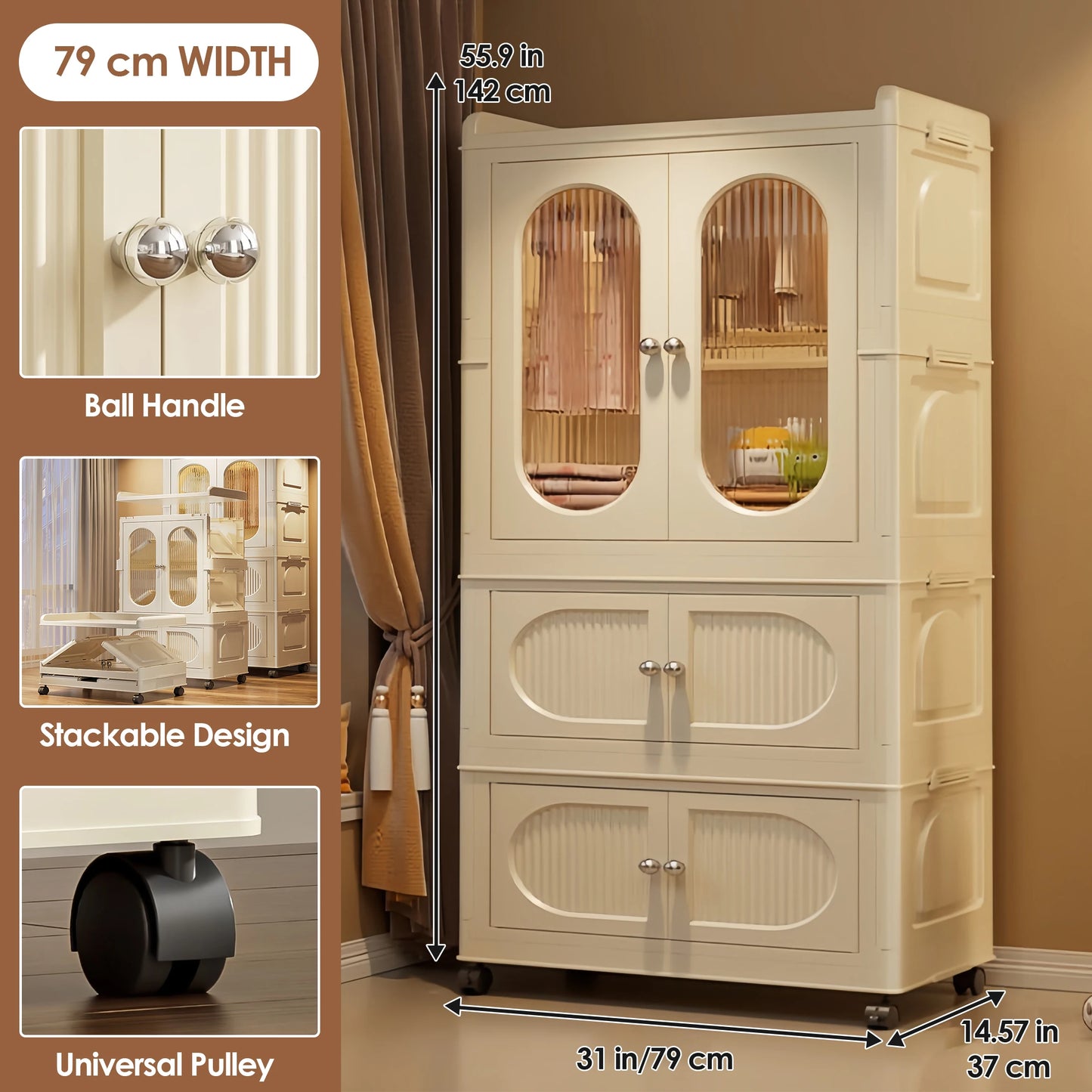 Multi-layer Foldable Kids Wardrobe Storage Cabinet with Magnetic Doors & Wheels Customizable Setup for Home Nursery Organization