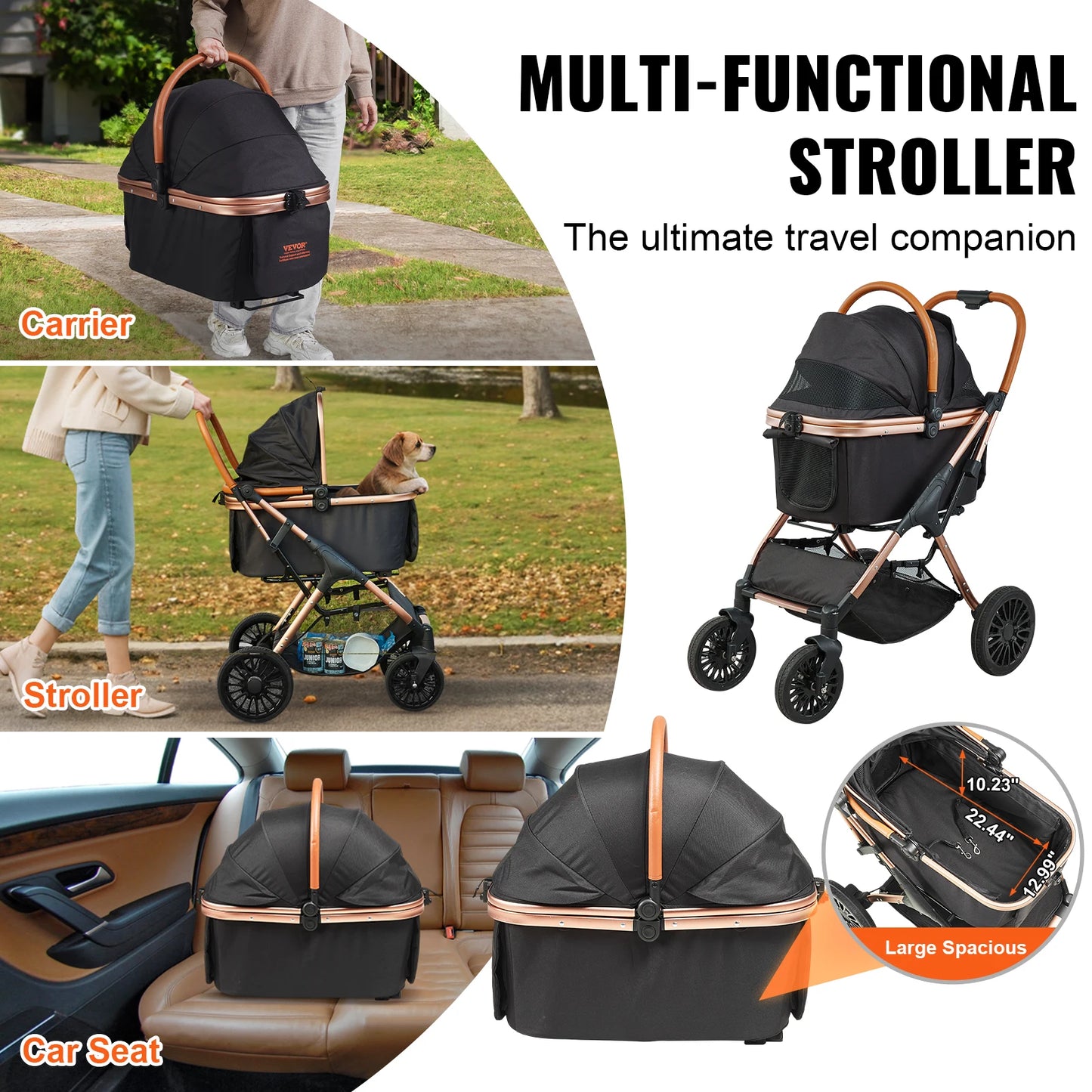 66lbsPet Foldable Pet Stroller W/ Detachable Basket