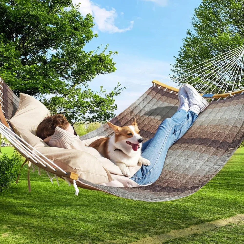 11 FT Quilted Fabric 2 Person Hammock for Outside with Pillow