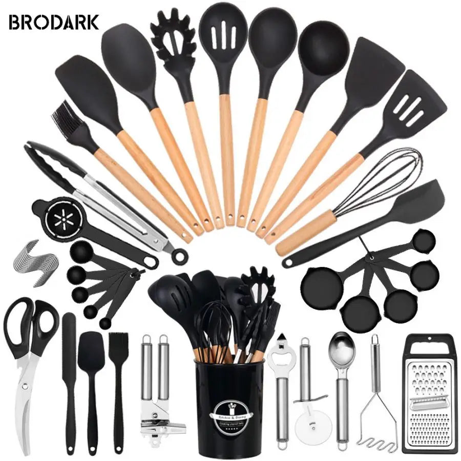 44pcs Silicone Kitchen Utensil Set With Wooden Handles