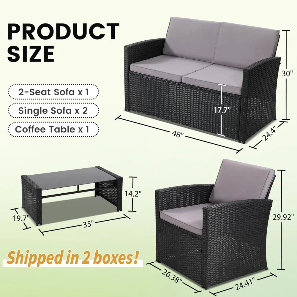 4 Piece Patio Conversation Set, with Sofa, 2 Chairs, and Coffee Table, for Porch, Deck, Outdoor Wicker Sectional Furniture