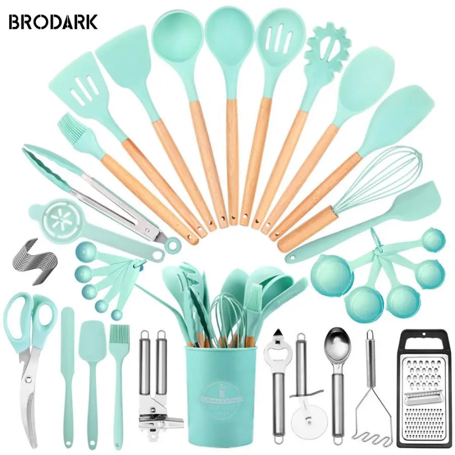 44pcs Silicone Kitchen Utensil Set With Wooden Handles