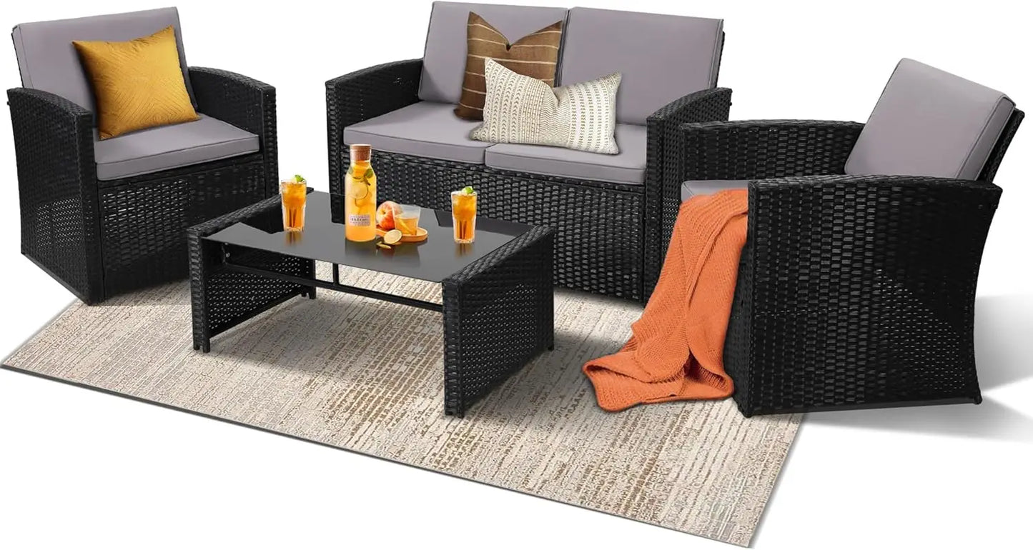 4 Piece Patio Conversation Set, with Sofa, 2 Chairs, and Coffee Table, for Porch, Deck, Outdoor Wicker Sectional Furniture