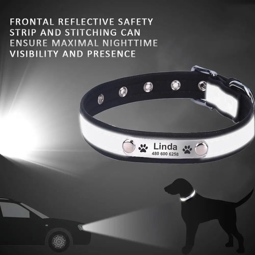 Personalized  LeatherEngraved ID Reflective Pet Collar