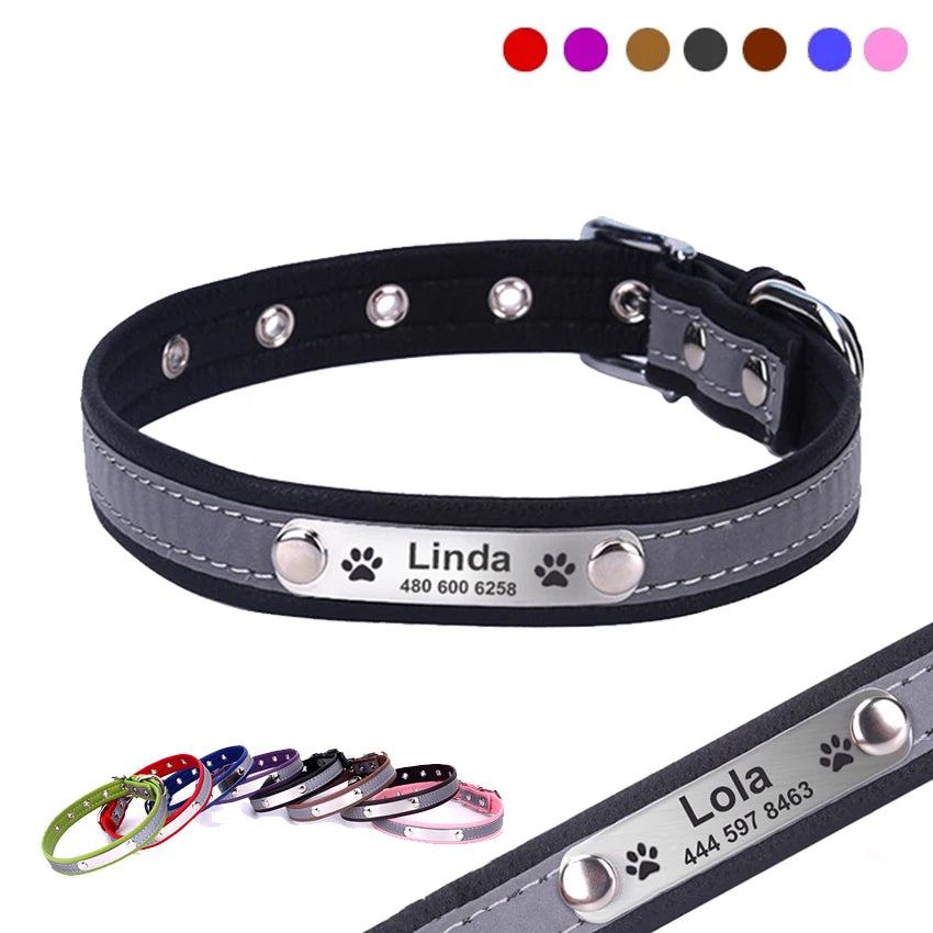 Personalized  LeatherEngraved ID Reflective Pet Collar