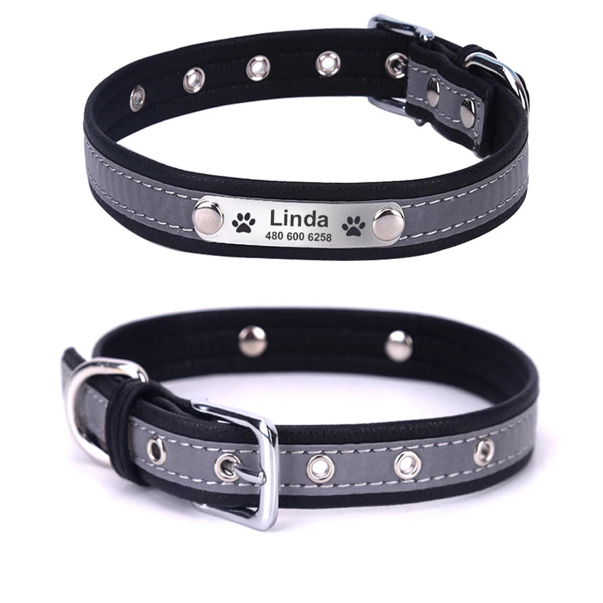 Personalized  LeatherEngraved ID Reflective Pet Collar