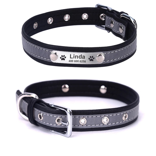 Personalized  LeatherEngraved ID Reflective Pet Collar