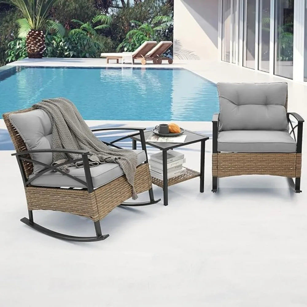 Grey 3 Pieces  Wicker Rocker Chairs W/ Table