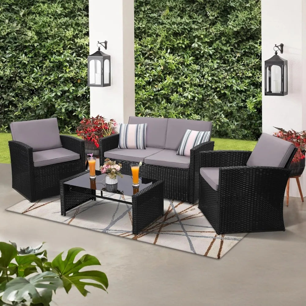 4 Piece Patio Conversation Set, with Sofa, 2 Chairs, and Coffee Table, for Porch, Deck, Outdoor Wicker Sectional Furniture
