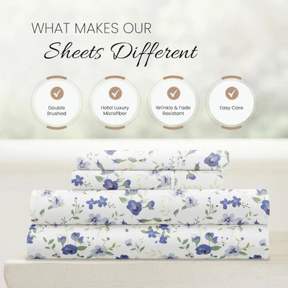 4 Piece Queen Sheet Set ,Light Blue Floral