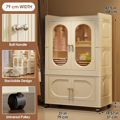 Multi-layer Foldable Kids Wardrobe Storage Cabinet with Magnetic Doors & Wheels Customizable Setup for Home Nursery Organization