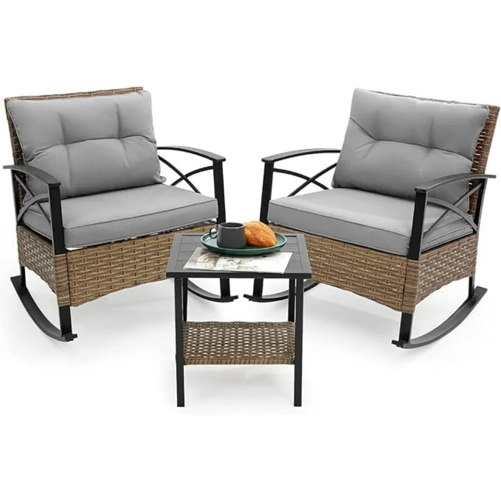 Grey 3 Pieces  Wicker Rocker Chairs W/ Table