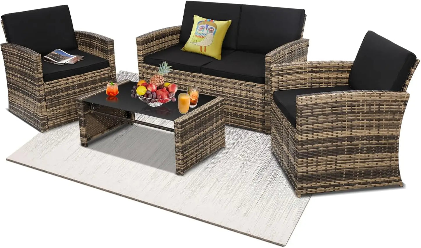 4 Piece Patio Conversation Set, with Sofa, 2 Chairs, and Coffee Table, for Porch, Deck, Outdoor Wicker Sectional Furniture