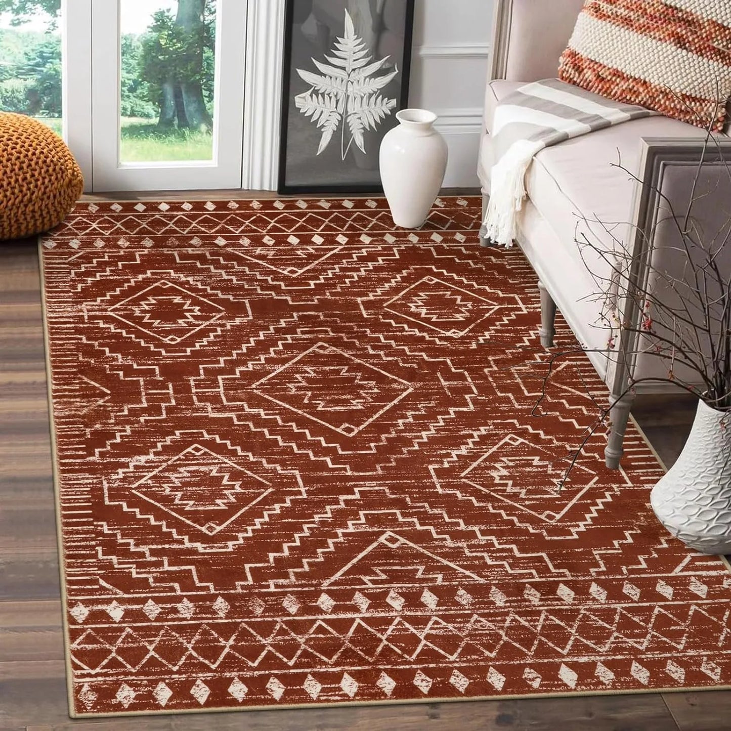 Moroccan Style Carpet for Living Room Retro Washable Farmhouse Bedroom Black Boho Non-Slip Floor Mat Soft Rug for Kitchen Entry