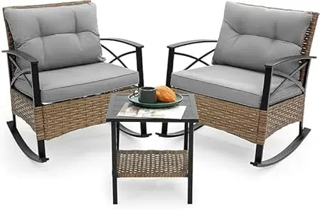 Grey 3 Pieces  Wicker Rocker Chairs W/ Table