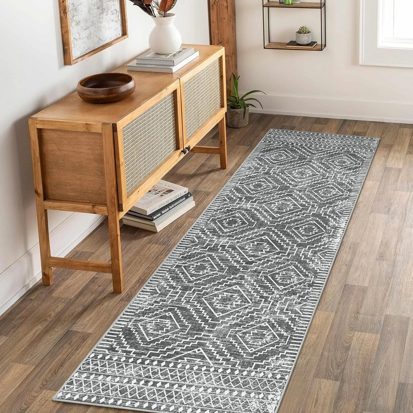 Moroccan Style Carpet for Living Room Retro Washable Farmhouse Bedroom Black Boho Non-Slip Floor Mat Soft Rug for Kitchen Entry