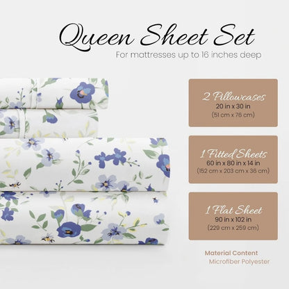 4 Piece Queen Sheet Set ,Light Blue Floral