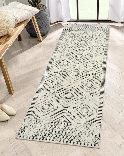 Moroccan Style Carpet for Living Room Retro Washable Farmhouse Bedroom Black Boho Non-Slip Floor Mat Soft Rug for Kitchen Entry