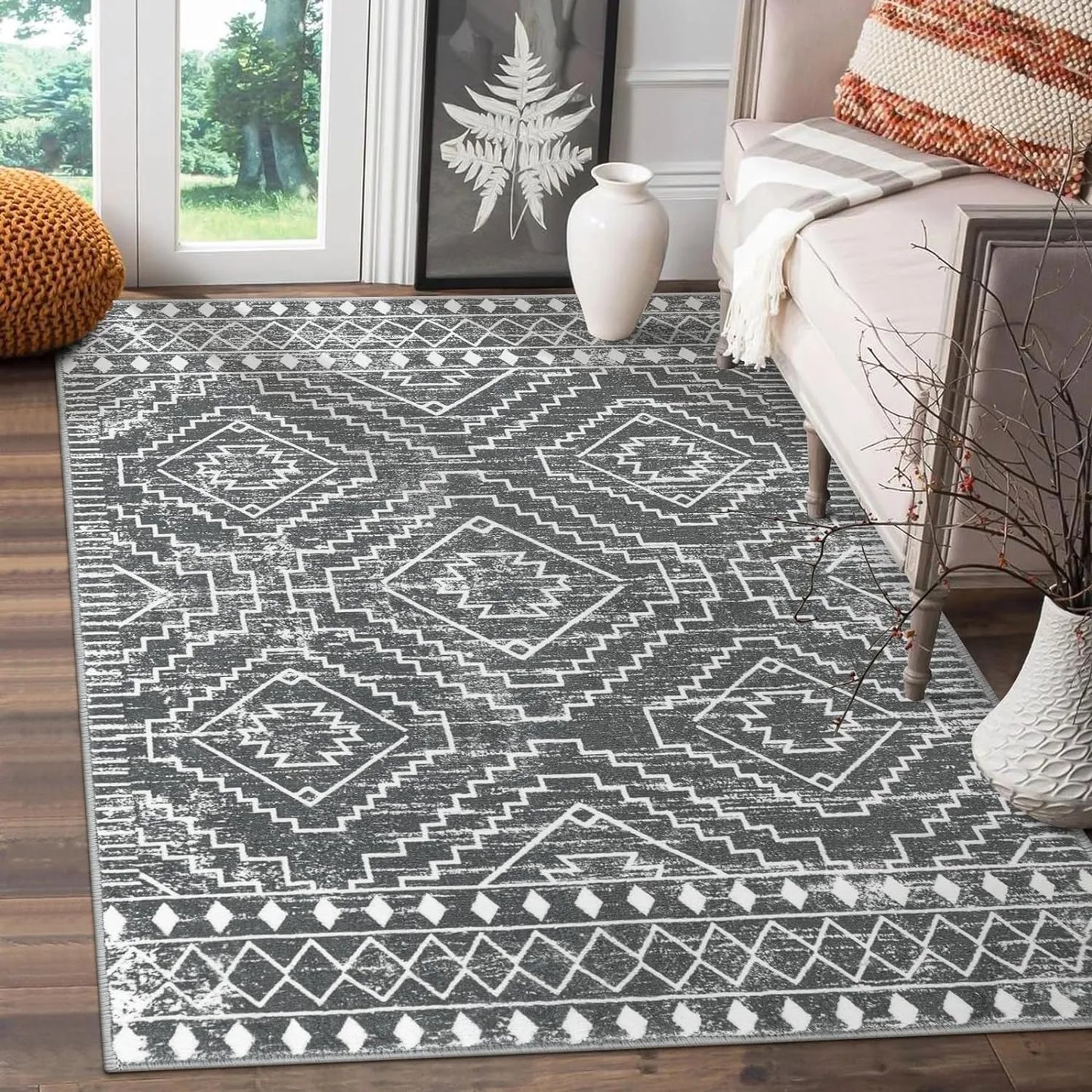 Moroccan Style Carpet for Living Room Retro Washable Farmhouse Bedroom Black Boho Non-Slip Floor Mat Soft Rug for Kitchen Entry