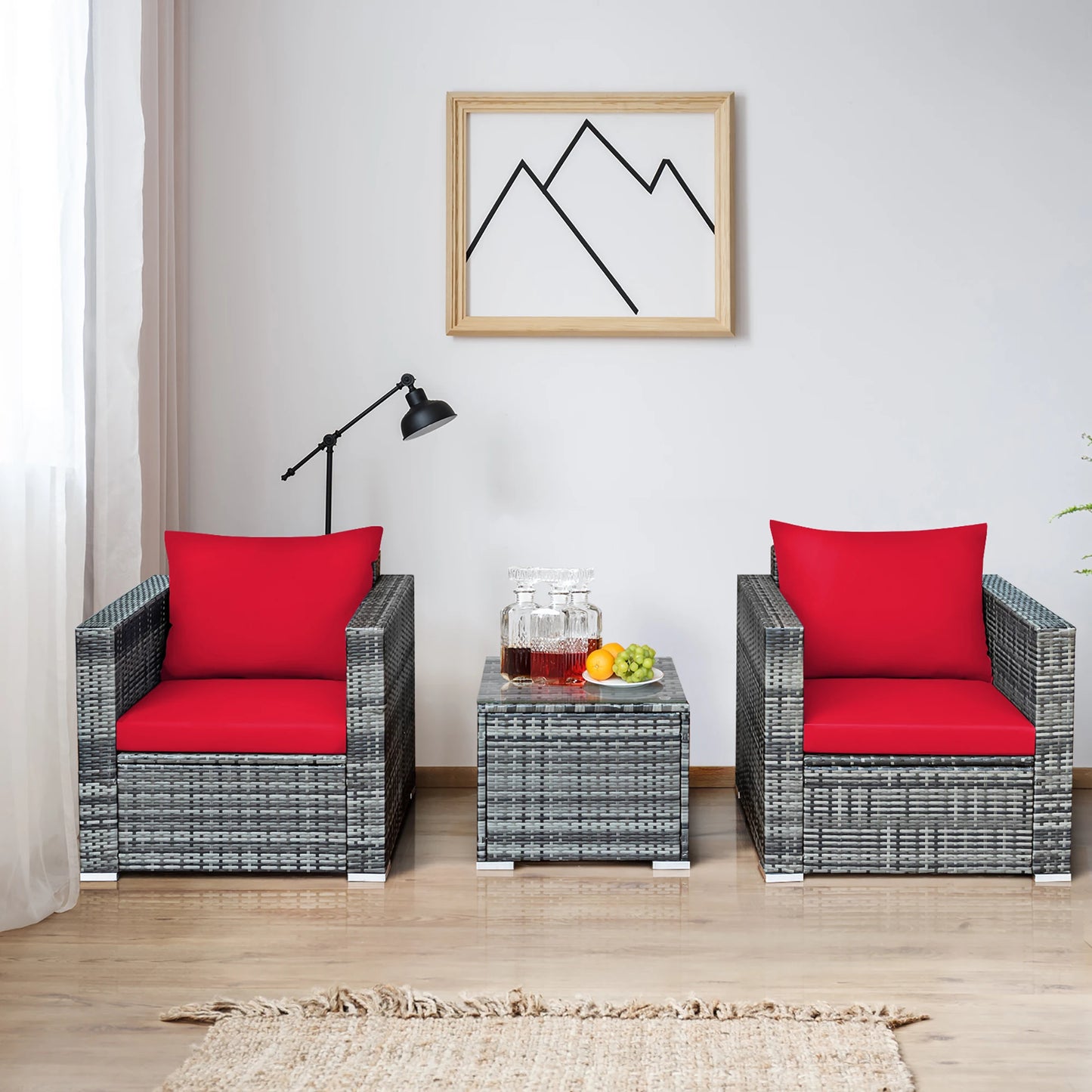 3 PC Patio Rattan Furniture Bistro Set Cushioned Sofa Chair Table Red