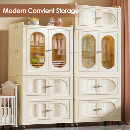 Multi-layer Foldable Kids Wardrobe Storage Cabinet with Magnetic Doors & Wheels Customizable Setup for Home Nursery Organization