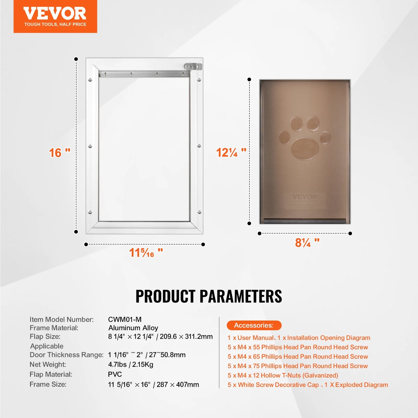Pet Door Aluminum Frame with Lock and Flap System