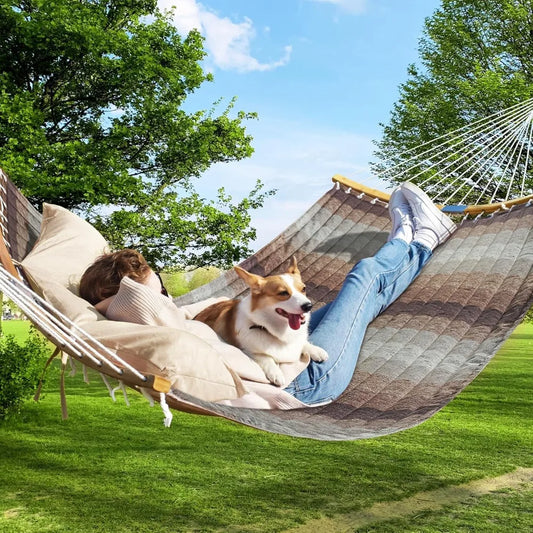 11 FT Quilted Fabric 2 Person Hammock for Outside with Pillow