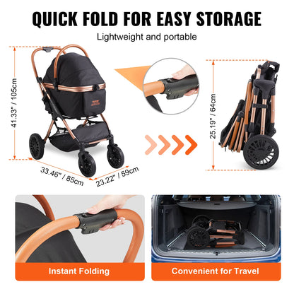 66lbsPet Foldable Pet Stroller W/ Detachable Basket